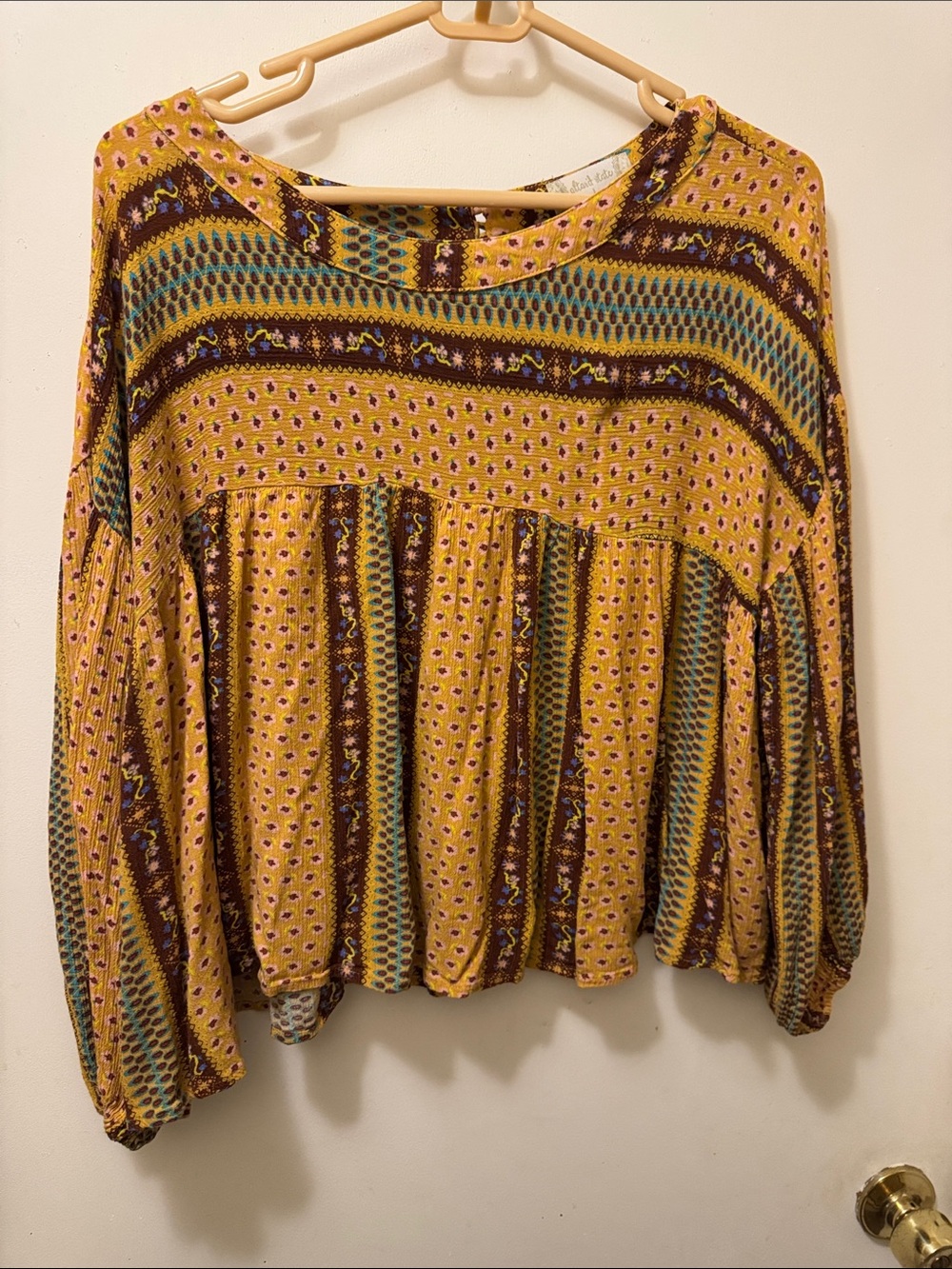 Altar'd State Mustard Yellow Boho Peasant Tunic with Teal & Brown Accents